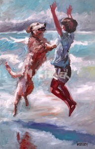 A child and a dog joyfully jump together on a beach, with ocean waves in the background and both appearing playful and energetic under a bright sky.