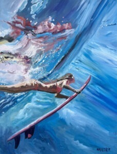 A painting of a woman in a swimsuit underwater, pushing a pink surfboard beneath a large blue wave with sunlight filtering through the water above.