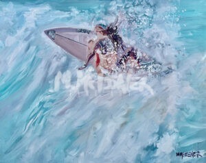 A painting of a surfer riding a wave, with water splashing around them. The scene features vibrant blue and white tones, capturing the dynamic motion of the surf. The artist’s signature is visible in the lower right corner.