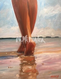 A painting of bare legs walking on wet sand at the edge of the water, with a soft reflection beneath and a calm shoreline in the background under a partly cloudy sky.
