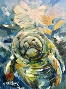An impressionistic painting of a manatee swimming underwater, surrounded by swirling blue, green, and yellow brushstrokes. The manatee’s face and flippers are visible, with sunlight filtering through the water above.