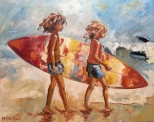Surfs Up features two children in blue shorts walking barefoot on the beach with a large, colorful surfboard, painted impressionistically with vibrant brushstrokes and a sunny atmosphere.