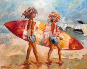 Two tousle-haired kids in blue shorts walk barefoot along the beach, carrying a vibrant surfboard. The impressionistic "Surfs Up" features sand, water, and a bright sky with scattered clouds in the background.