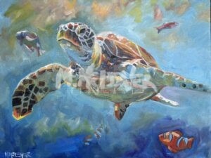 Sea turtle and Clown fish: A vibrant painting featuring a sea turtle with extended flippers swimming underwater, surrounded by clown fish and striking blue and green tones.