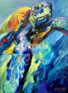 Tangerine: A vivid underwater painting of a sea turtle, showcasing bold brush strokes in blue, green, yellow, orange, and purple for a dynamic, lively scene.
