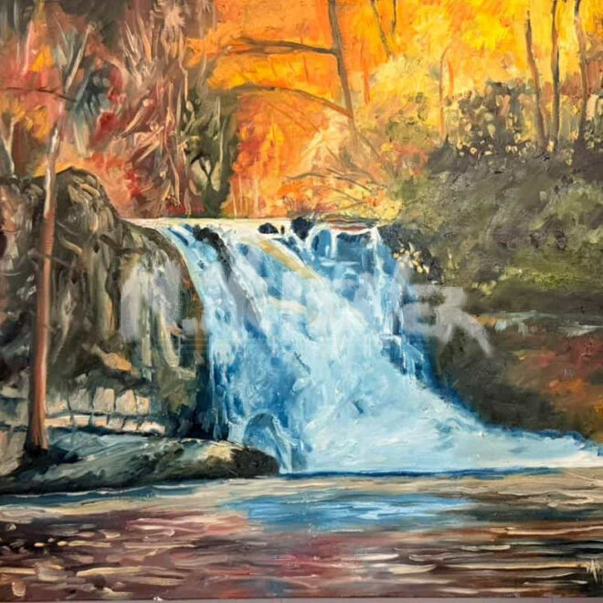 A painting of a waterfall cascading over rocks into a pool, surrounded by autumn trees with vibrant orange, yellow, and green foliage under a softly lit sky.