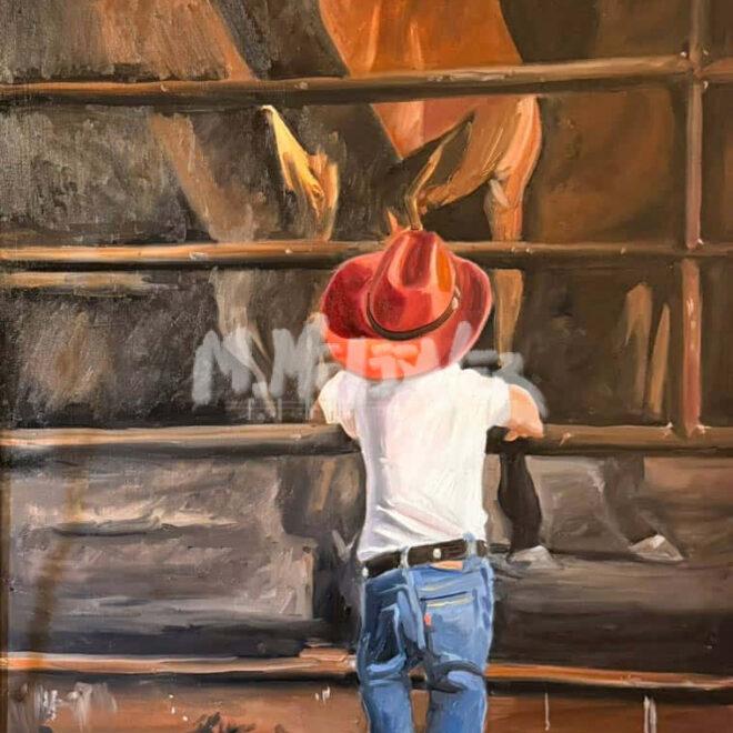 A young child in a red cowboy hat, white shirt, and blue jeans stands at a metal fence, reaching up to look at a large brown horse on the other side. Warm sunlight highlights the scene.