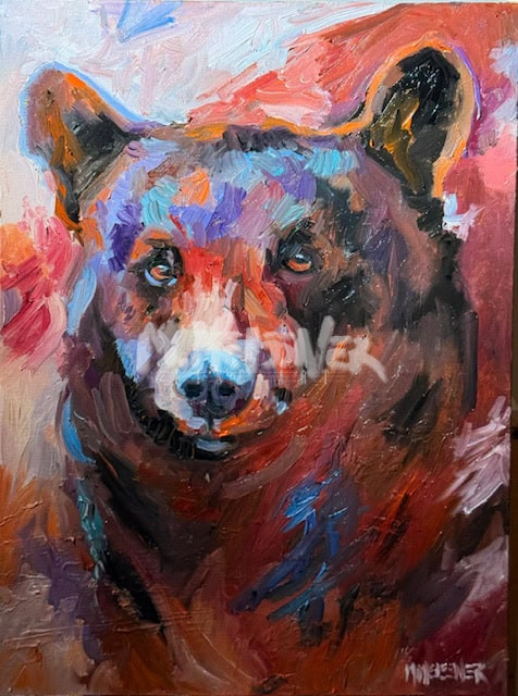Colorful oil painting of a bear with expressive brushstrokes in red, blue, pink, and purple tones. The bear faces forward, its features vibrant and abstract against a dynamic, colorful background.