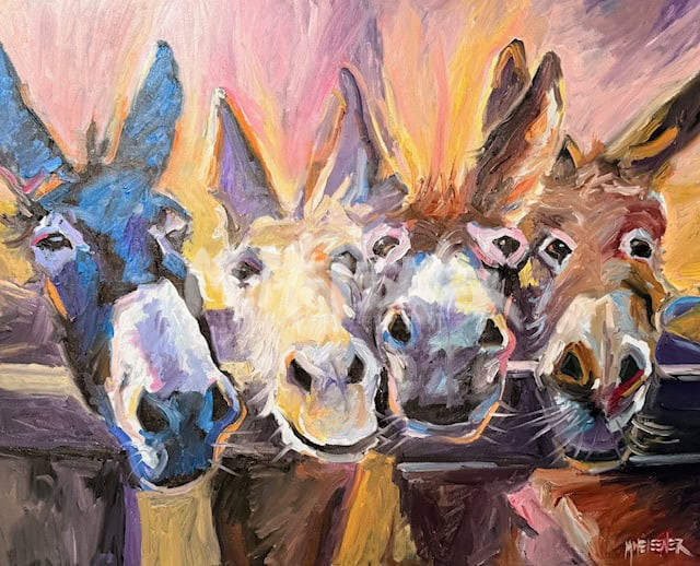 Colorful painting of four donkeys standing close together, their heads leaning over a fence, with vibrant, expressive brushstrokes and a warm, glowing background.