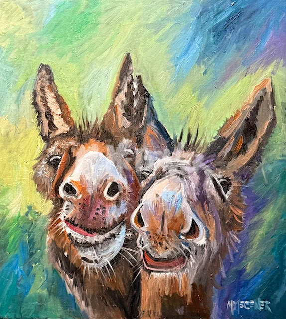 Two donkeys with expressive faces stand close together, appearing to smile, against a vibrant, colorful background of green, blue, and yellow brushstrokes. The painting style is playful and painterly.