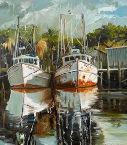 An oil painting by Michael Meissner depicts two white fishing boats docked side by side, their reflections visible in calm water. Rust and weathering show on one boat. Green trees and wooden buildings form the background under a cloudy sky.