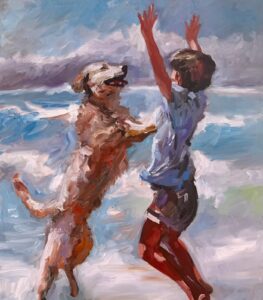 An impressionistic oil painting by Michael Meissner depicts a joyful child and golden retriever jumping together on the beach, with crashing waves and a bright sky in the background.