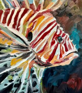 Abstract oil painting by Michael Meissner depicts a lionfish with bold red, orange, and white stripes, delicate fin details, and a dark, swirling background—a stunning addition to any Oil Paintings collection.