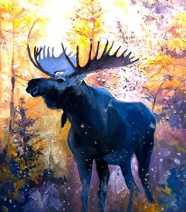 An oil painting by Michael Meissner depicts a dark blue moose standing in a sunlit autumn forest, surrounded by trees with golden leaves. The vibrant background glows with light filtering through the colorful foliage.