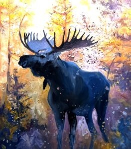 A moose stands in a vibrant autumn forest, rendered in Michael Meissner's bold oil paintings style, with brushstrokes of blue, yellow, and purple as sunlight filters through the trees in the background.