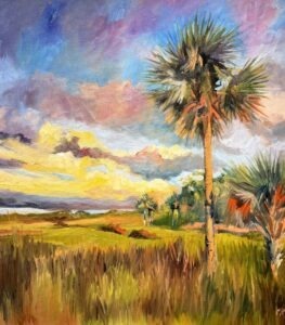 A colorful oil painting by Michael Meissner depicts a landscape with a tall palm tree in the foreground, grassy fields, smaller palms, and a vibrant sky filled with dramatic clouds in pink, blue, yellow, and purple.