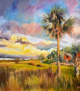 An impressionist-style oil painting by Michael Meissner captures a landscape with tall palm trees, grassy fields, and a colorful sky with dramatic clouds at sunset or sunrise. The scene feels warm and serene.