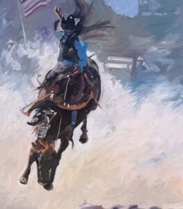 An impressionistic oil painting by Michael Meissner depicts a rodeo scene—a rider in blue clings to a bucking horse, with dust swirling and hints of an American flag blurred in the background.