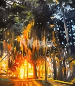 An impressionistic oil painting of a forest by Michael Meissner, where sunlight streams through tall trees, casting vibrant streaks of orange, yellow, and gold that illuminate the scene with a warm, glowing effect.