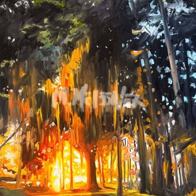 An impressionistic oil painting of a forest by Michael Meissner, where sunlight streams through tall trees, casting vibrant streaks of orange, yellow, and gold that illuminate the scene with a warm, glowing effect.