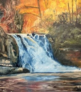An oil painting by Michael Meissner captures a waterfall cascading over rocks, surrounded by vibrant autumn trees with golden and orange leaves, and a calm river below reflecting the brilliant colors.