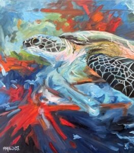 A vibrantly colored oil painting by Michael Meissner depicts a sea turtle swimming underwater, featuring bold brush strokes in blue, red, orange, and green. The turtle’s shell and flipper patterns are prominently depicted.