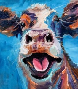 Colorful, expressive oil painting of a cow’s face with its mouth open, showing a playful or happy expression against a bright blue background. Bold brushstrokes and vivid colors capture the lively style of Michael Meissner.
