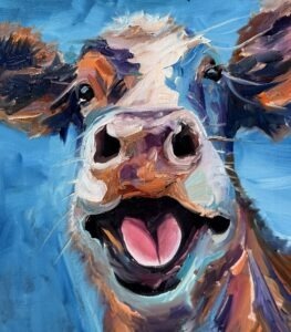 A colorful, expressive oil painting by Michael Meissner captures a cow’s face with its mouth open in a playful grin against a bright blue background. Bold, vibrant brushstrokes give this artwork an irresistibly lively and cheerful vibe.