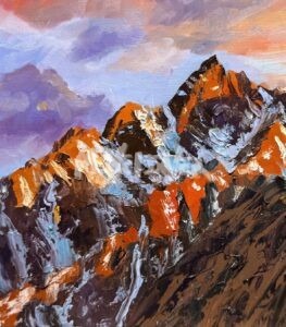 A vibrant Michael Meissner oil painting of rugged mountains, their peaks dusted with snow and illuminated by warm orange sunlight, set against a dramatic sky with purple and pink hues.