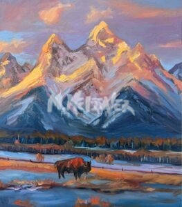 A painting in the style of Michael Meissner: snow-capped peaks glowing at sunset, oil paintings bringing the warm colors to life. Below, a solitary bison stands by a reflective lake, grasslands and trees stretching across the horizon.