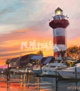 Oil painting by Michael Meissner of a red-and-white striped lighthouse glowing at sunset, with yachts docked nearby. Calm water reflects the sky’s orange, pink, and purple hues, framed by buildings and palm trees beside the lighthouse.