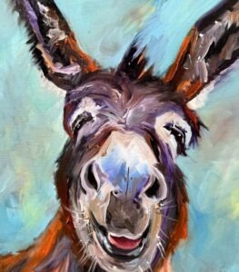A colorful, abstract oil painting by Michael Meissner of a donkey’s face with large ears and a playful expression against a vibrant blue and green background. The brushstrokes are bold and expressive.