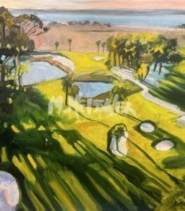 An impressionist-style oil painting by Michael Meissner depicts a sunlit golf course with green fairways, sand traps, palm trees, ponds, and a distant view of the coastline under a soft sky.