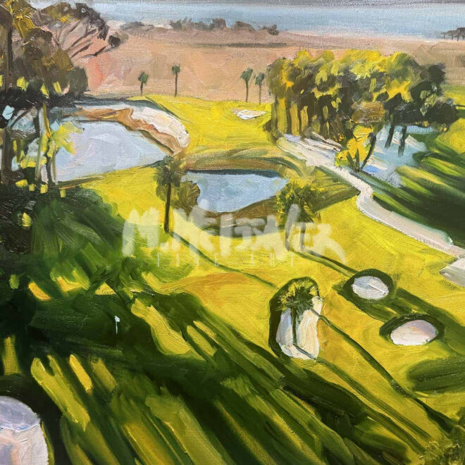 An impressionist-style oil painting by Michael Meissner depicts a sunlit golf course with green fairways, sand traps, palm trees, ponds, and a distant view of the coastline under a soft sky.