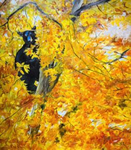 A painting by Michael Meissner depicts a blue and black bird perched on a tree branch, surrounded by vibrant yellow and orange autumn leaves. The bright, colorful scene showcases his mastery of oil paintings, with the bird partially hidden among the foliage.