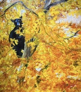 A black bird perches on a branch surrounded by vibrant yellow and orange autumn leaves, sunlight filtering through the foliage—reminiscent of the enchanting oil paintings by Michael Meissner.