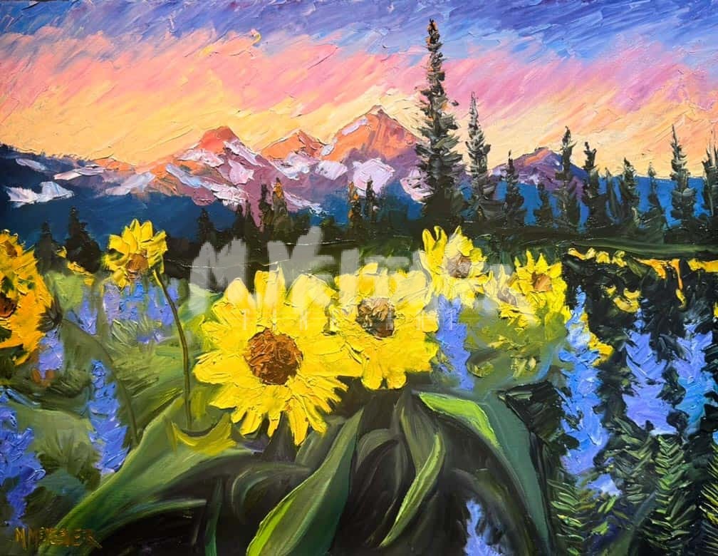 A vibrant painting titled "Mule Ears" depicts bright yellow wildflowers and purple-blue blooms in the foreground, with evergreens and snow-capped mountains under a stunning sunset sky in the background. A vibrant painting titled "Mule Ears" depicts bright yellow wildflowers and purple-blue blooms in the foreground, with evergreens and snow-capped mountains under a stunning sunset sky in the background.