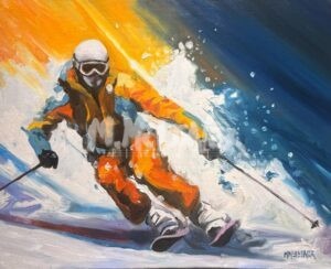 A skier in an orange suit and white helmet races downhill through snow, creating a dynamic spray with vivid blue and yellow background streaks.