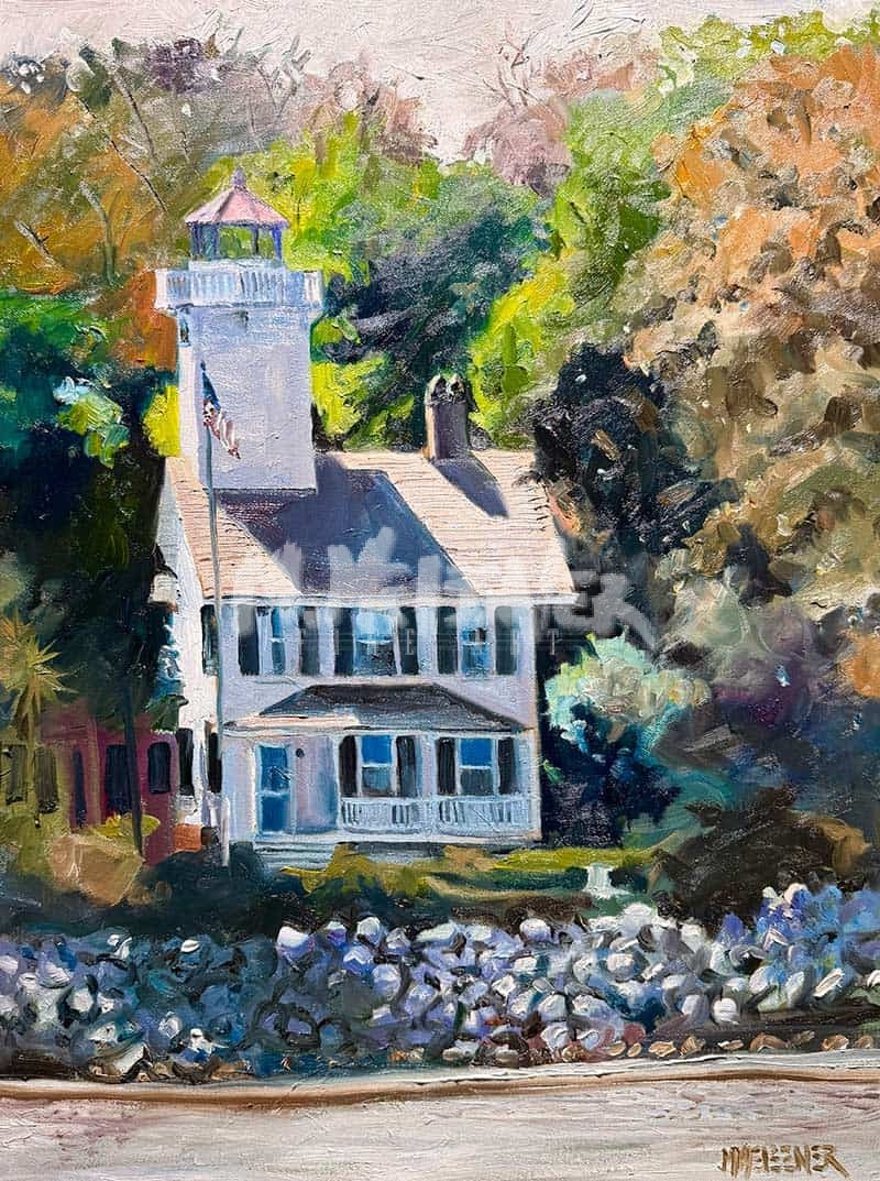 The Haig Point Lighthouse painting depicts the white two-story house with a tower on Daufuskie Island, autumn trees surrounding it, and sunlight casting soft shadows over the rocky embankment. The Haig Point Lighthouse painting depicts the white two-story house with a tower on Daufuskie Island, autumn trees surrounding it, and sunlight casting soft shadows over the rocky embankment.
