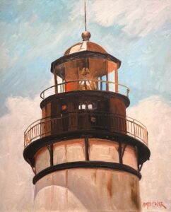 A realistic painting of a lighthouse, viewed from below, with a brown and white tower and a glass lantern room under a partly cloudy sky. The artists signature is visible in the lower right corner.