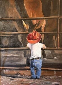 A young child in a red cowboy hat, white shirt, and jeans stands at a metal fence, peering up at a brown horse on the other side. The scene is warmly lit and painted in a realistic style.