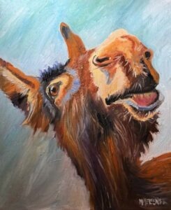 A colorful, expressive painting of a smiling camel with its mouth open, showing teeth. The background is a mix of blue and white, and the artist’s signature, “MYESNER,” is visible in the bottom right corner.