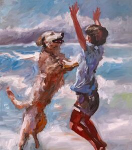 An impressionistic oil painting by Michael Meissner depicts a joyful dog and a child playing on the beach, the child jumping with arms raised as the dog leaps up, both full of energy with ocean waves in the background.