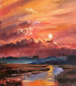 An impressionistic oil painting by Michael Meissner captures a vibrant sunset over marshland, with orange, pink, and purple clouds, a glowing sun low in the sky, and its reflection shimmering on the water below.
