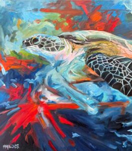 A colorful oil painting by Michael Meissner features a sea turtle swimming underwater, depicted with vibrant blue, red, and orange brushstrokes. The turtle’s shell and flipper details stand out against the abstract background.