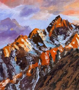 An impressionistic oil painting by Michael Meissner depicts rugged, snow-capped mountain peaks bathed in warm orange and purple sunlight, with dramatic clouds swirling through a vivid sky above.
