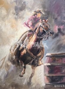 A painting of a rodeo rider in a hat and pink shirt galloping a brown horse around a barrel, with dust swirling in the background. The scene is dynamic and full of movement.