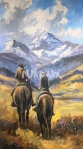 Two people in cowboy hats ride horses through a colorful, sunlit landscape with mountains and snow-capped peaks in the distance under a partly cloudy sky. Wildflowers dot the foreground.