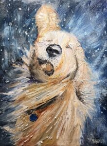 A textured painting of a golden retriever dog shaking off snow, with its fur swirling and snowflakes flying around against a blue background. The movement and joy of the dog are captured through dynamic brushstrokes.