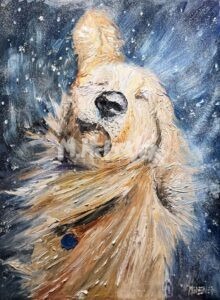 A textured painting of a golden retriever shaking its head with fur flying, eyes closed, and snowflakes falling against a blue background, capturing a joyful and dynamic winter moment.
